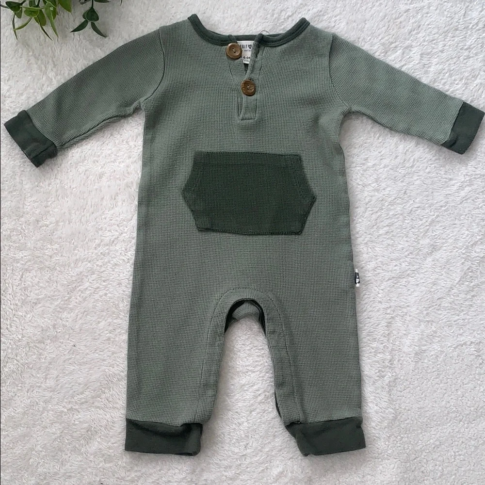 Rabbit + Bear Green Baby Romper with Pocket 6-9M Organic Cotton EUC